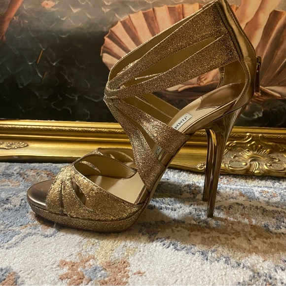 Authentic Jimmy Choo gold glitter zip up metallic sequin stiletto heels size 40 - Picture 10 of 10